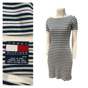 Vintage Tommy Hilfiger Striped Cotton Bodycon Mini Logo Dress / Medium -